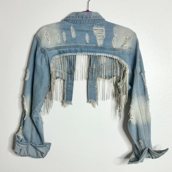 Denim Crop Top Jacket with Rhinestone Fringe - Sparkle & Style - Picture 2 of 2